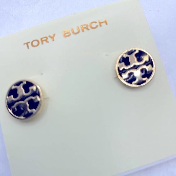 NWOT Tory Burch Gold Logo Black Enamel Small Stud Earrings - Picture 2 of 5